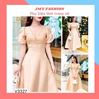 V3327 Váy tafta be phối ren cổ V váy xoè tafta dự tiệc