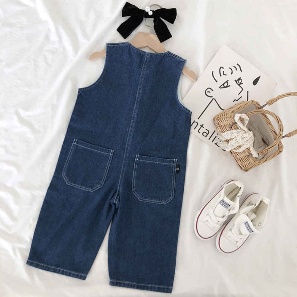 Bộ Áo Liền Quần Sát Nách Dáng Rộng Vải Denim Kiểu Hàn Quốc Dễ Thương Cho Bé