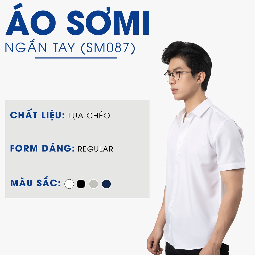 Áo Sơ Mi Nam Trơn Tay Ngắn 4MEN SM087 cổ Đức form regular, vải lụa chéo mềm mịn, hạn chế nhăn, thanh lịch, hiện đại