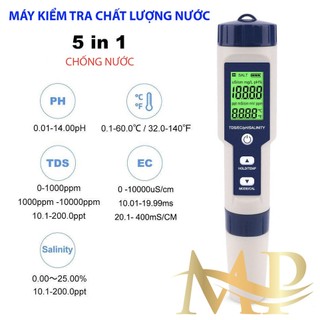 Bút đo độ mặn của nước 5 trong 1 ph, tds, ec, độ mặn, nhiệt độ kèm 3 gói hiệu chỉnh