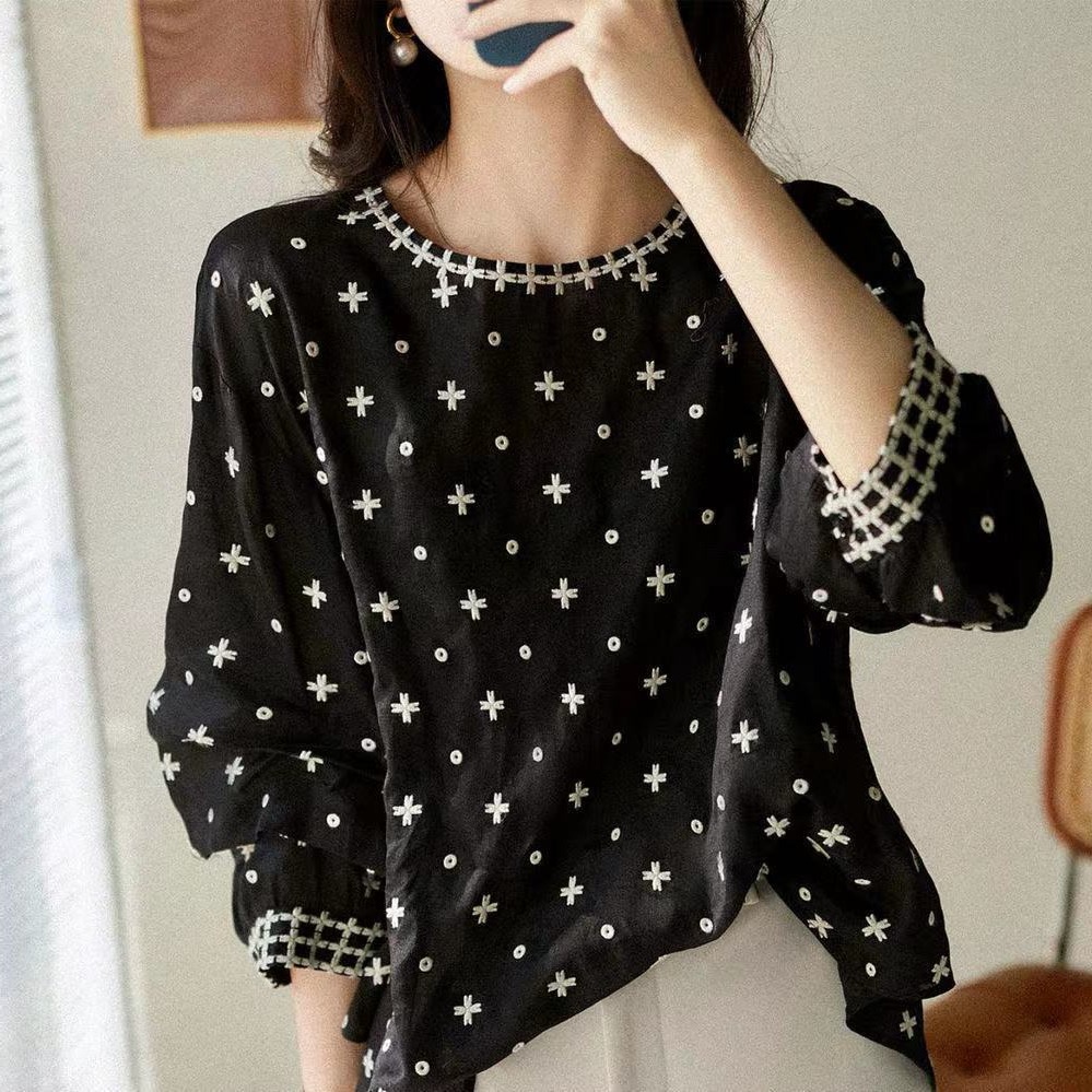 Áo Sơ Mi Tay Dài Phồng Cổ Tròn Thêu Họa Tiết Thời Trang Xuân Thu 2023 Cho Nữ