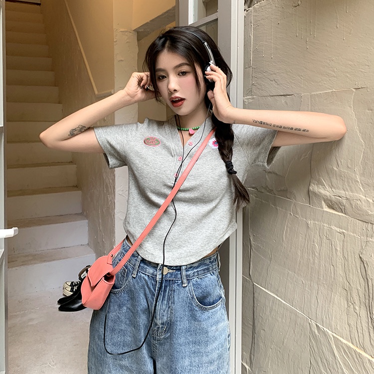 NZN Áo Thun Tay Ngắn Cổ Chữ V Màu Trơn Đơn Giản Thời Trang Phong Cách Hàn Quốc Cho Nữ