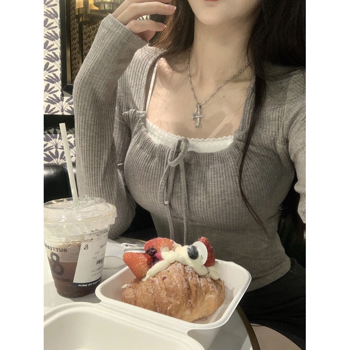 Áo Croptop Tay Dài Cổ Vuông Màu Sắc Ngọt Ngào Thời Trang Mùa Thu Quyến Rũ Cho Nữ