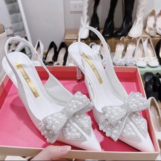 Giày sandal cao gót nữ mũi nhọn nơ Ngọc Đá mới gót nhọn 7cm