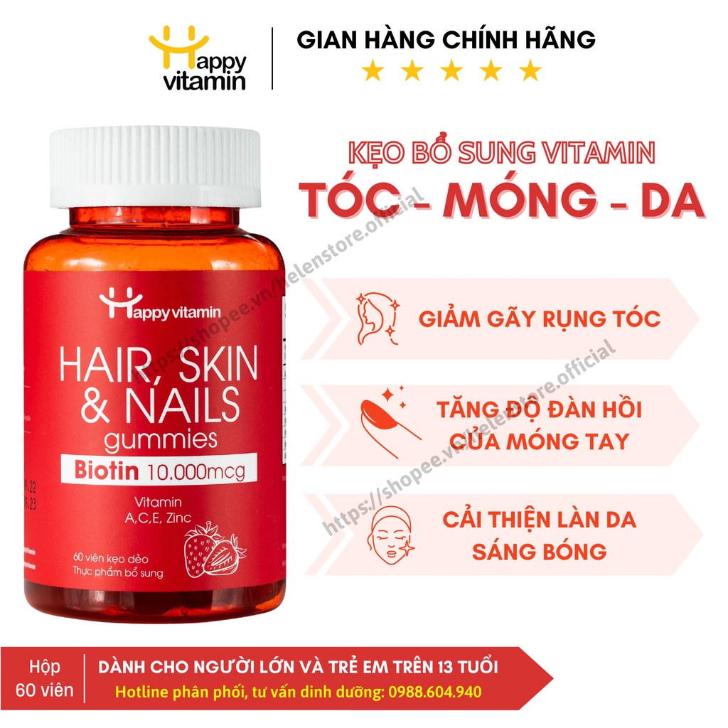 Kẹo kích thích Mọc tóc, Đẹp da, Khỏe móng Hair Skin & Nails - Biotin Gummies - Happy Vitamin