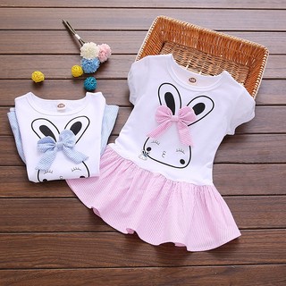 Bộ váy hé chọ bé. Set áo kèm váy in hình thỏ đính nơ cho bé gái