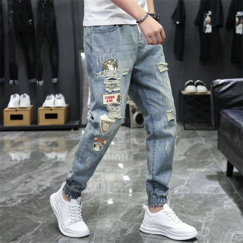 Quần Jeans Dài Phối Vết Rách Phong Cách Hàn Quốc Thời Trang Cho Nam