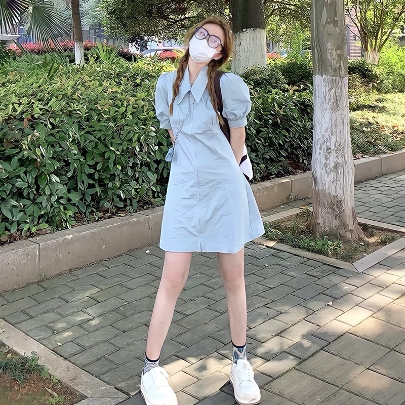 Đầm dáng chữ A tay phồng ôm eo phối khóa kéo phong cách thời trang Douyin mùa hè cho nữ