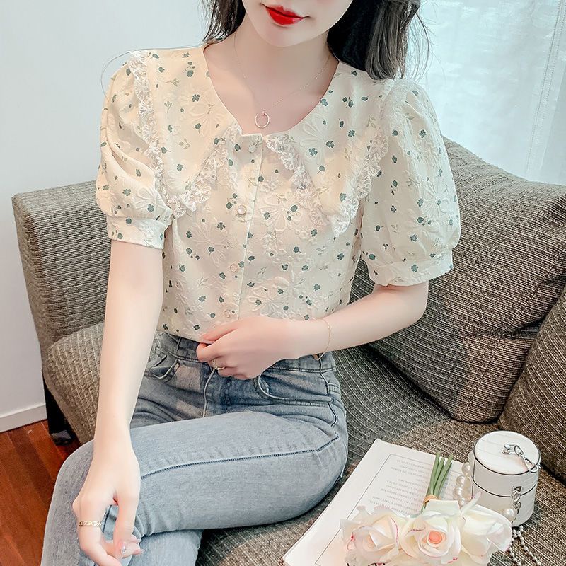 IELGY  Áo Kiểu Tay Phồng Ngắn In Hoa Thời Trang Cho Nữ