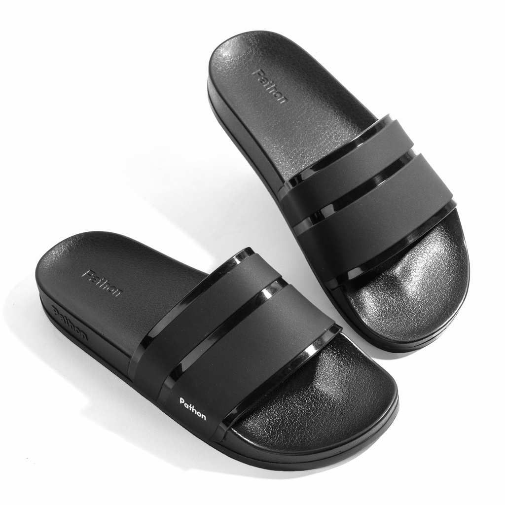 Dép nam nữ quai ngang slipper Pathon quai PVC và đế PU đen quai đen 3 xọc bóng SD107