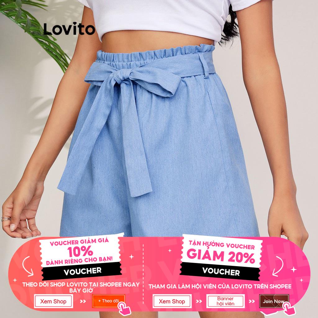Quần short Lovito denim có dây thắt lưng cạp cao màu trơn phong cách thường ngày L27LD037 (màu xanh dương nhạt)