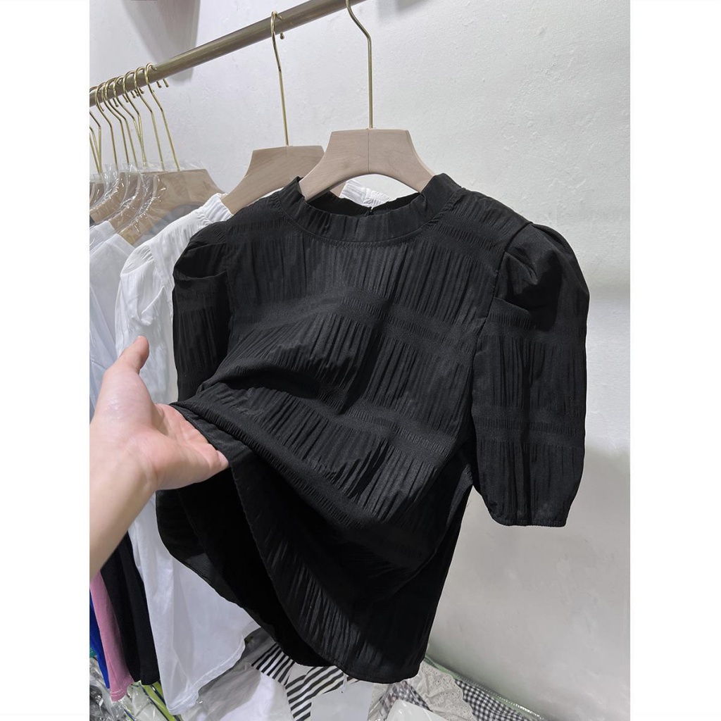 Áo Sơ Mi Chiffon Tay Ngắn Phồng Màu Đen Thời Trang Mùa Hè 2023 Cho Nữ