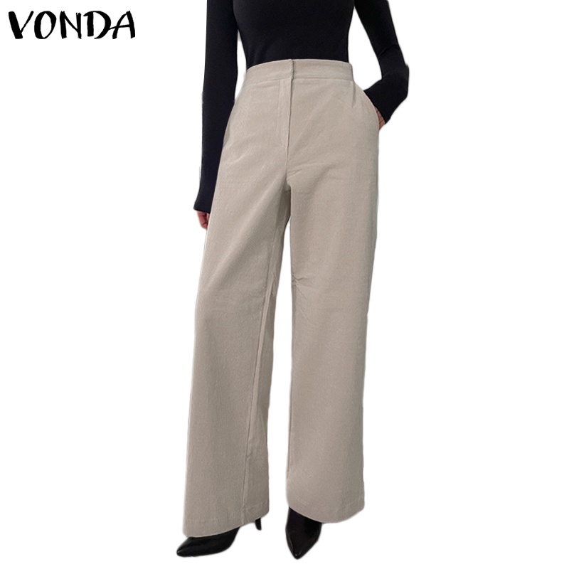 Quần ống rộng VONDA lưng cao màu trơn phối khóa kéo phong cách Hàn Quốc thời trang cho nữ
