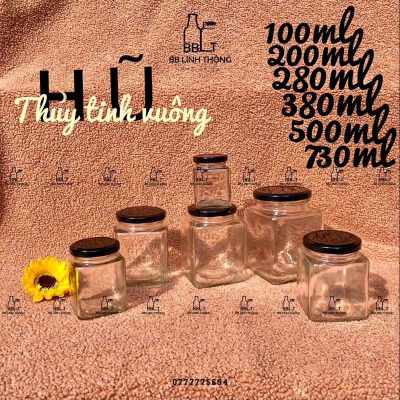Hũ thủy tinh vuông nắp thiếc vàng/đen (50ml,100ml,200ml,280ml,380ml,500ml,730ml)