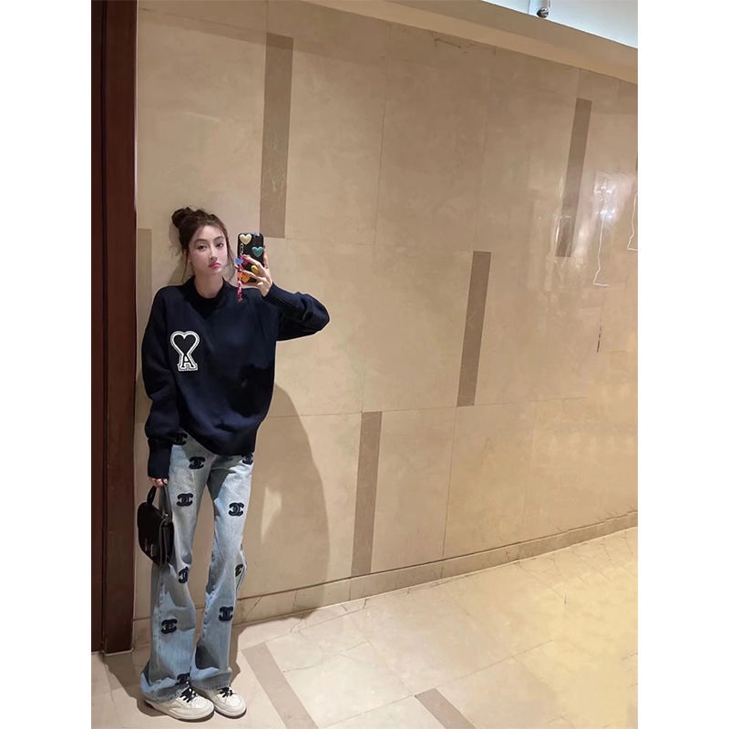 Quần Denim Ống Rộng Lưng Cao Thêu Họa Tiết Phong Cách Đường Phố Mỹ Thời Trang Mùa Xuân Cho Nữ