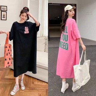 Váy ngủ nữ, đầm ngủ dáng suông chất cotton in hoạ tiết chữ ALL YOU NEED cổ tròn dài 110cm