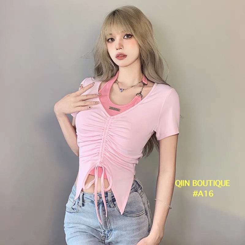 Áo Croptop Tay Ngắn Cổ Yếm Tà Chữ V Phối Màu Tương Phản #A16