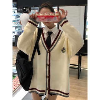 [Sẵn xanh than] Áo len Cardigan huy hiệu dáng rộng cổ V Style học sinh Hàn Quốc