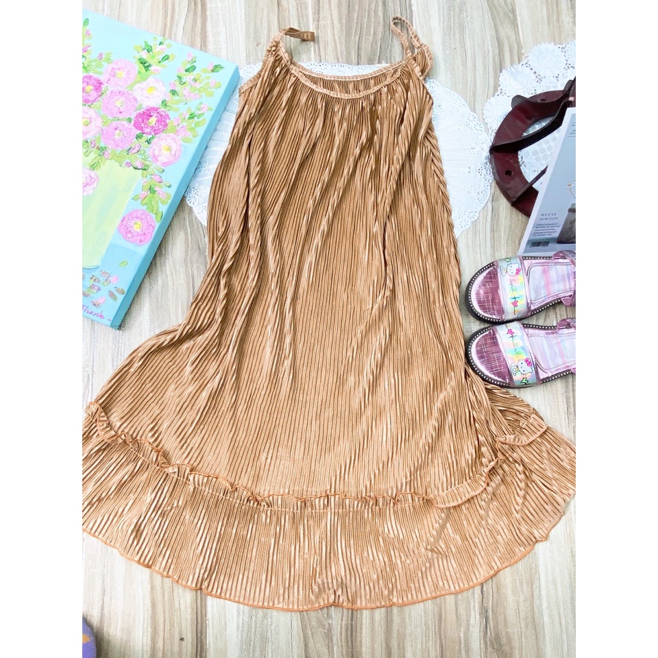 Váy 2 dây dập ly đi biển đi chơi cho bé gái size đại 20-38kg, đầm maxi xuông xếp ly, váy maxi đi biển cho bé gái