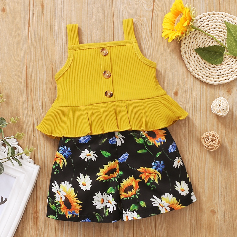 Set trang phục MIKRDOO áo kiểu hai dây màu trơn và quần đùi họa tiết hoa thời trang mùa hè cho bé gái 1-6 tuổi