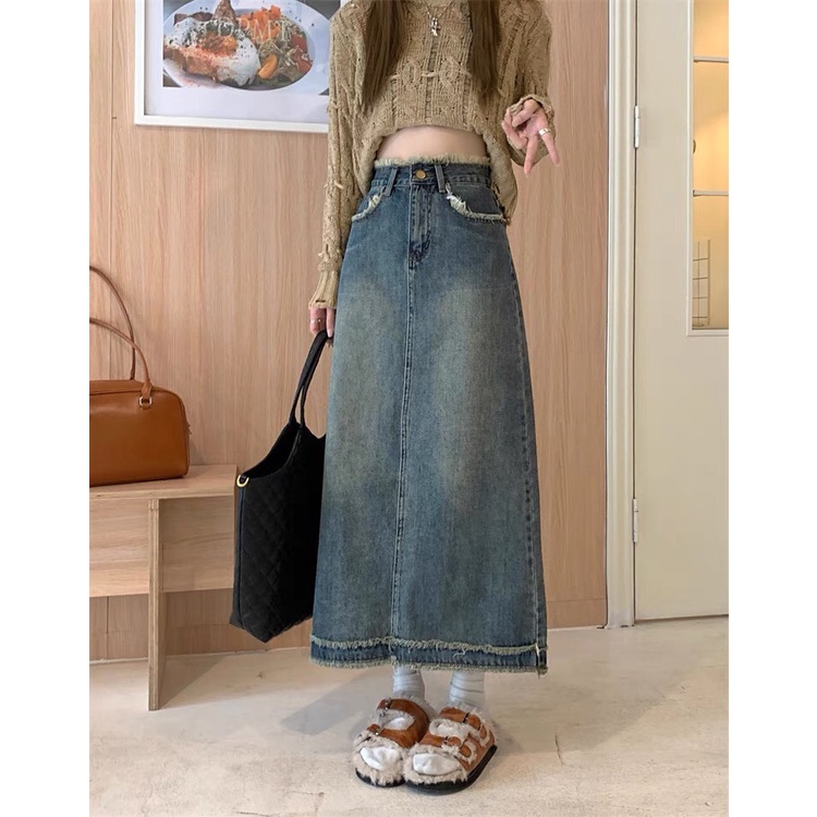 Chân váy jean dáng dài, chân váy cạp cao tua gấu phong cách_mẫu mới A26