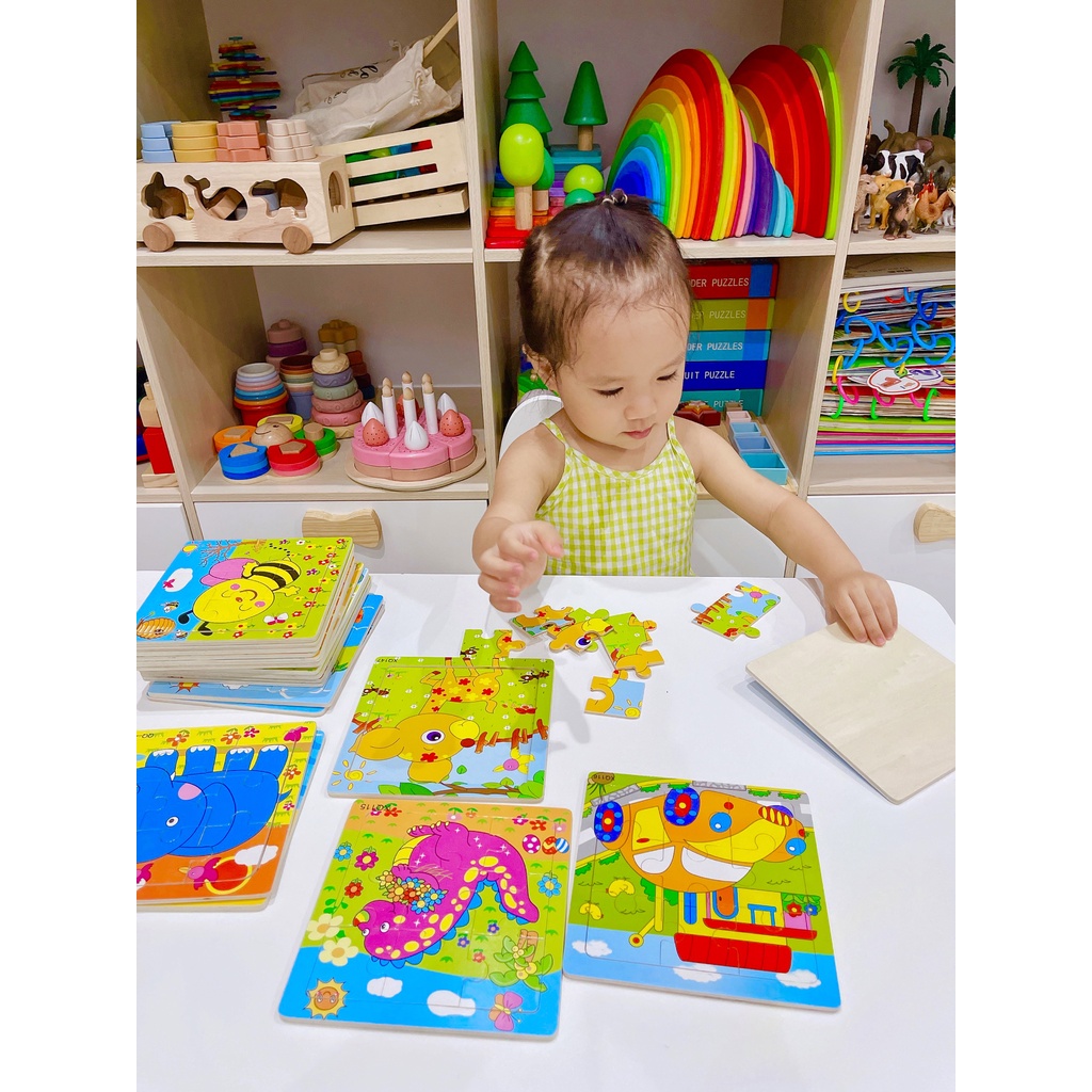 Tranh gỗ ghép hình 9 mảnh nhiều hình ngộ nghĩnh size to 15*15cm cho bé