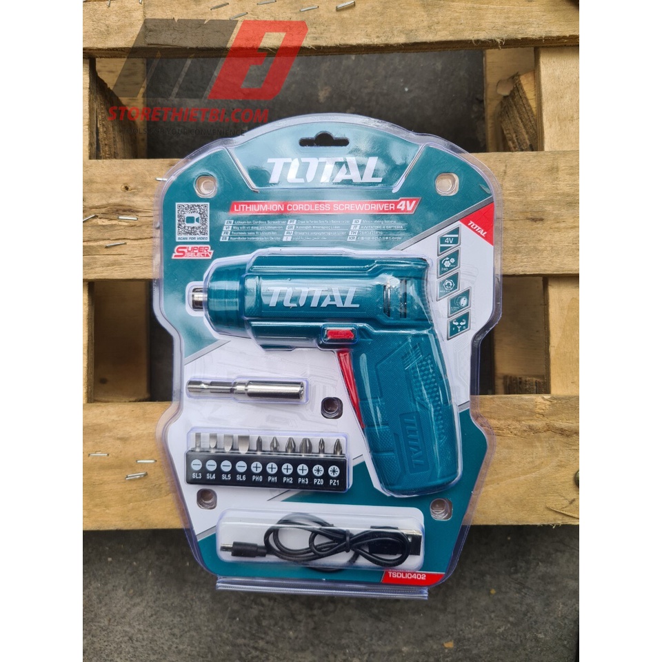 Máy bắn vít mini dùng pin 4V TOTAL - INGCO đầu lục giác 1/4'', tốc độ 180v/p, lực xoắn 4Nm TSDLI0402 CSDLI0402