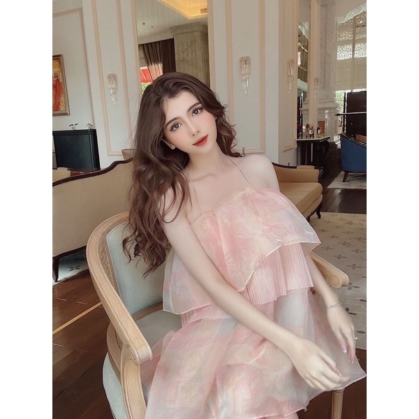 Váy hai dây tiểu thư form babydoll Hồng Pastel 3 lớp vải Aguja AMANDA