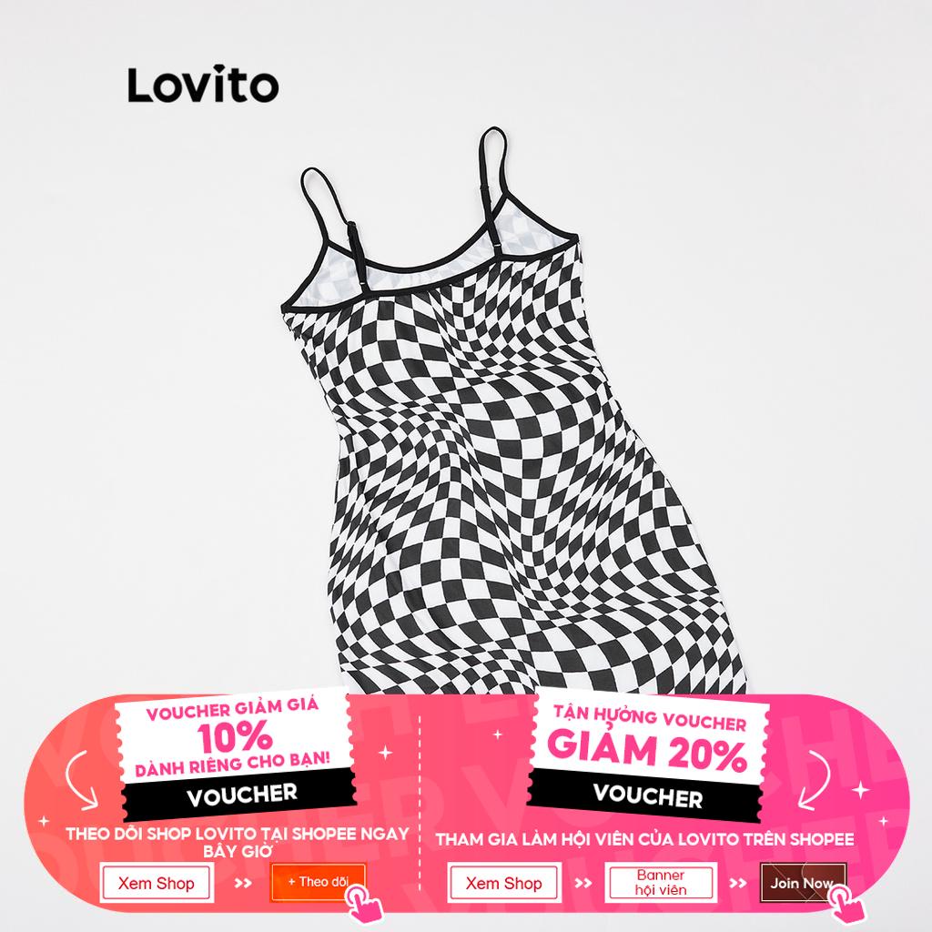 Đầm mini Lovito không tay dáng ôm cổ chữ U in kẻ sọc phong cách vintage quyến rũ L16D222 (màu đen)