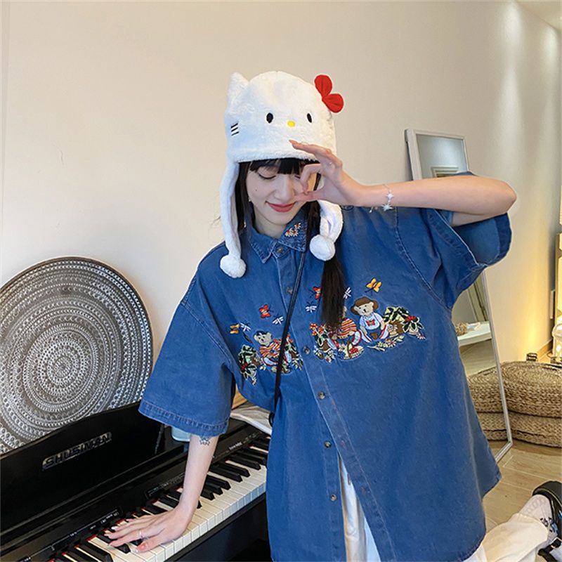 COZOK Áo Sơ Mi denim Ngắn Tay Dáng Rộng Thêu Họa Tiết Kiểu vintage