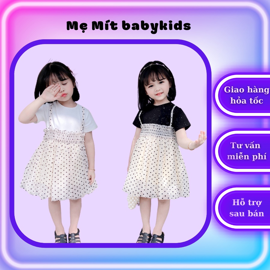 Váy thun mềm phối ren chấm bi xinh xắn, năng động cho bé gái từ 5 đến 15kg