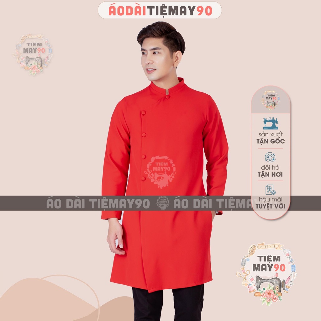 Áo dài cách tân nam đỏ tươi Tiệm 90 may sẵn vải phom vestton truyền thống dày dặn dự tiệc cưới lễ tết đẹp AD90130