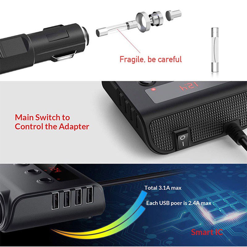 Cục Sạc Xe Hơi SEAMETAL 12V / 24V 4 Cổng USB 3 Màn Hình Hiển Thị Điện Áp 100W Với Công Tắc Riêng Biệt