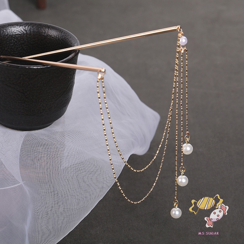 YADORNOS Trâm Cài Tóc Dạng Chuỗi Xích Kép Đính Ngọc Trai Bằng Hợp Kim Phong Cách Trung Hoa Cho Nữ