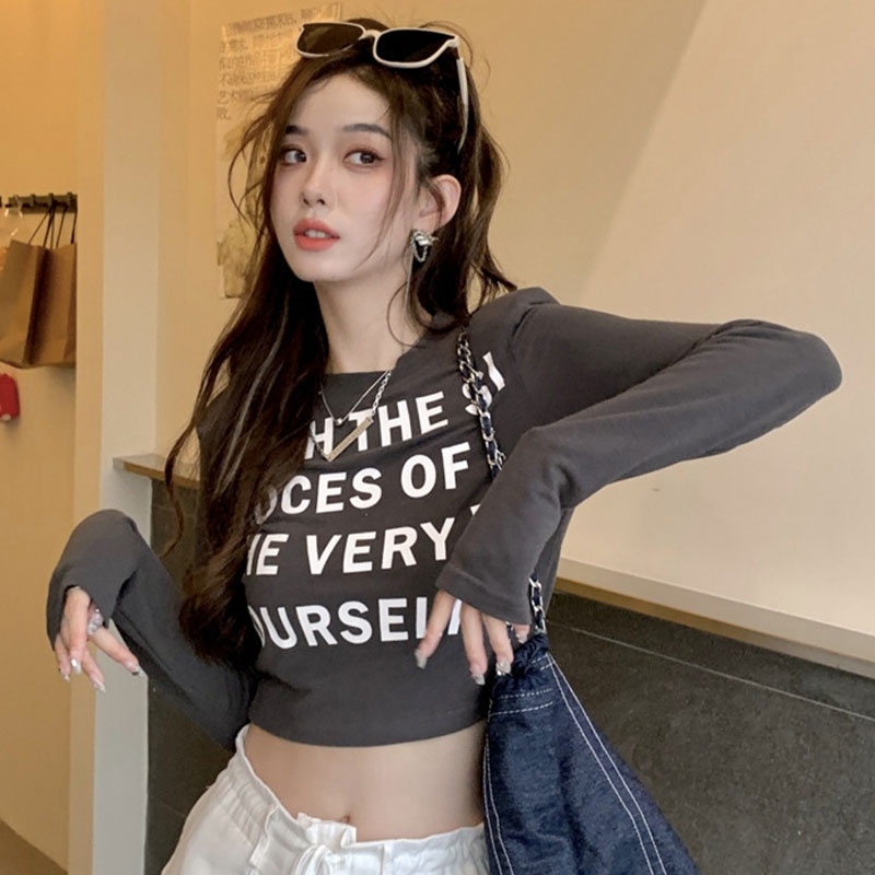 Áo thun XINLANYASHE tay dài cổ tròn in chữ phong cách Hàn Quốc dành cho nữ