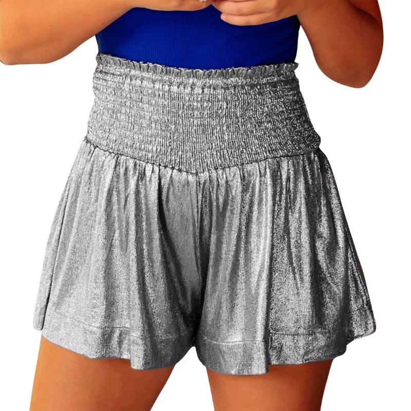 Xiangbao Quần Short Baggy Lưng Cao Dáng Rộng Co Giãn Màu Trơn Viền Bèo Nhún Lấp Lánh Dành Cho Nữ Dự Tiệc Sh