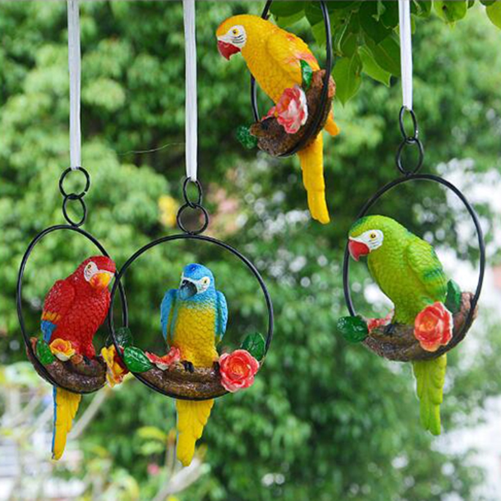 Tượng Vẹt Nhân Tạo Bằng Nhựa Resin Nhân Tạo Có Vòng Kim Loại Trang Trí Sân Vườn