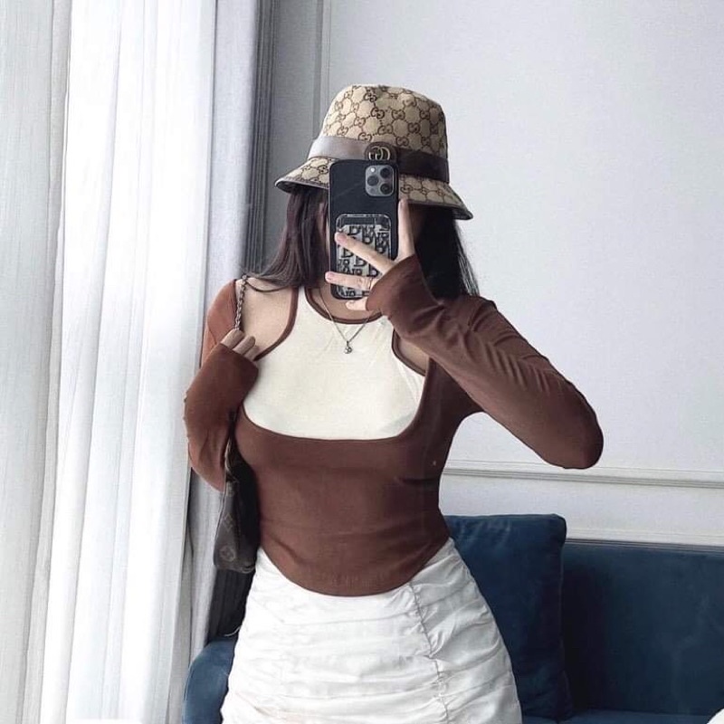 Áo phối trắng khoét vai HS6