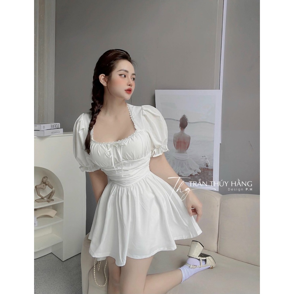 [3.3 Sales Freeship] Đầm retro nữ basic 2 màu trắng đen, đầm xòe cổ vuông tay phồng nhún ôm eo hở lưng xinh xắn tb
