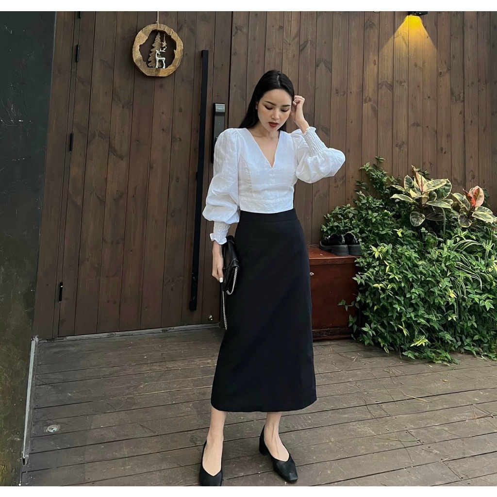 Set áo trắng cổ V tay bo thun mix chân váy midi vintagen