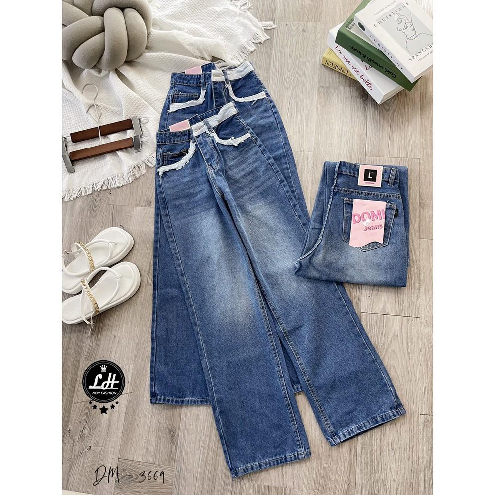 Quần bò ống suông nữ trơn phối viền trắng túi &amp; cạp siêu cưng Lê Huy Fashion MS 3669