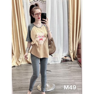 Bộ đồ gấu mặt nhà gân tăm áo tay ngắn quần dài eo thun co giản tốt M49