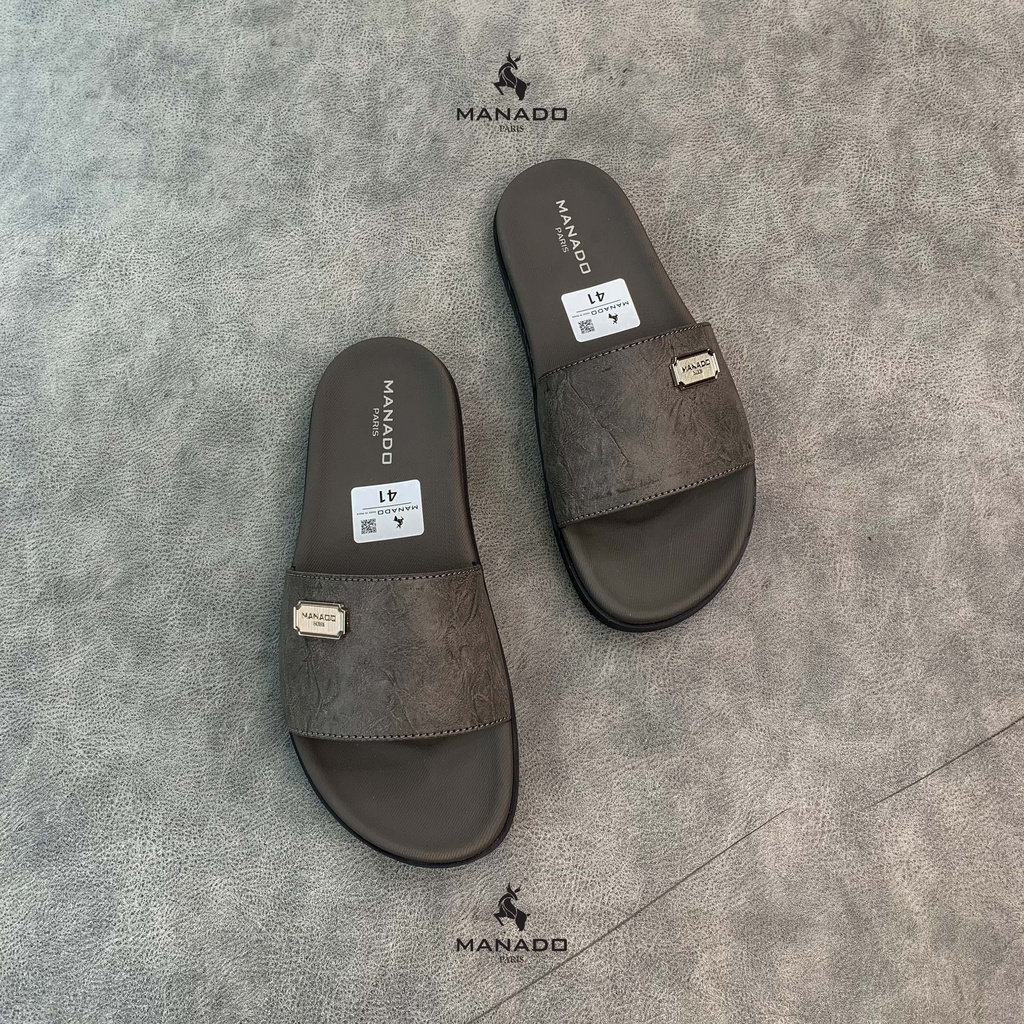 Dép da nam quai ngang cao cấp Manado Mã MND12 màu xám fullbox, quai da mềm mại, đế cao su thiết kế chắc chắn