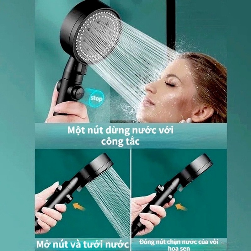 Vòi Hoa Sen Tăng Áp Cao Cấp Không Gỉ 5 Chế Độ Nước Vòi Sen,1,5M DÂY+ ĐẾ, đồ Dùng Phòng Tắm