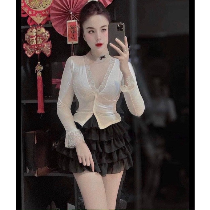 Sét váy áo thun gân tay dài phối ren cổ V mix chân váy voan tầng có lót quần-hình thật.