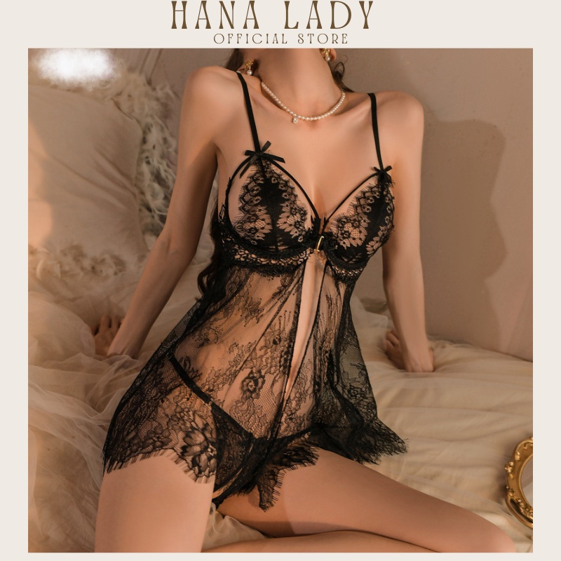 Váy ngủ nữ sexy xẻ tà xuyên thấu phối ren quyến rũ tặng kèm chíp lọt khe Hanaladystore V523