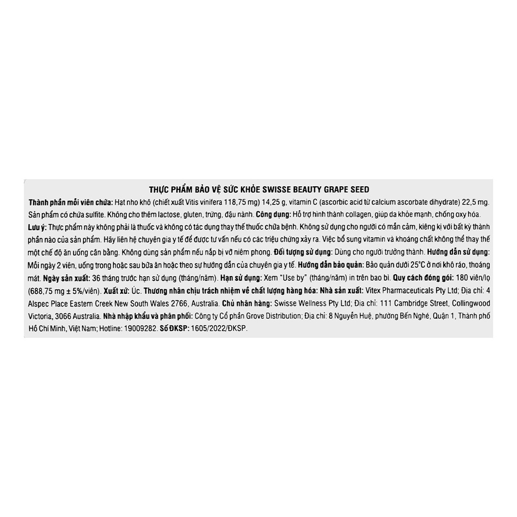 Viên Uống Tinh Chất Hạt Nho Swisse Chống Oxy Hóa 180 Viên Beauty Grape Seed 14,250 mg