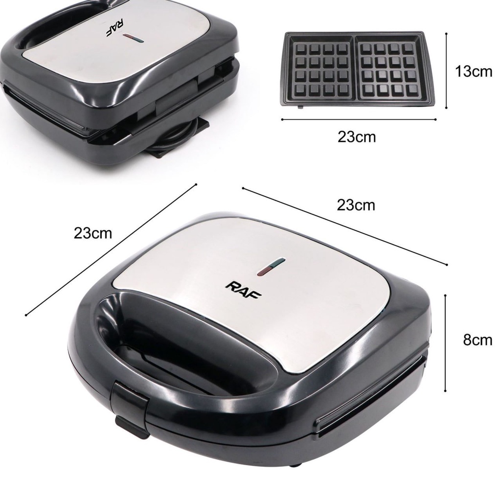 Máy kẹp bánh mì RAF công suất lớn 1200W, 3 khuôn nướng INOX, dễ dàng với hệ thống đèn báo hiệu thông minh - 213 REKKY