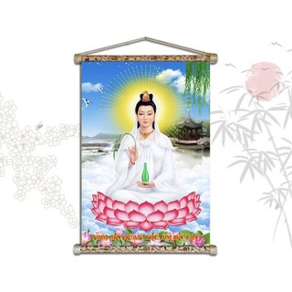 Tranh Quán thế âm bồ tát kích thước 40*60, Chất liệu vải canvas lụa kim sa - nẹp sáo gỗ thông tự nhiên