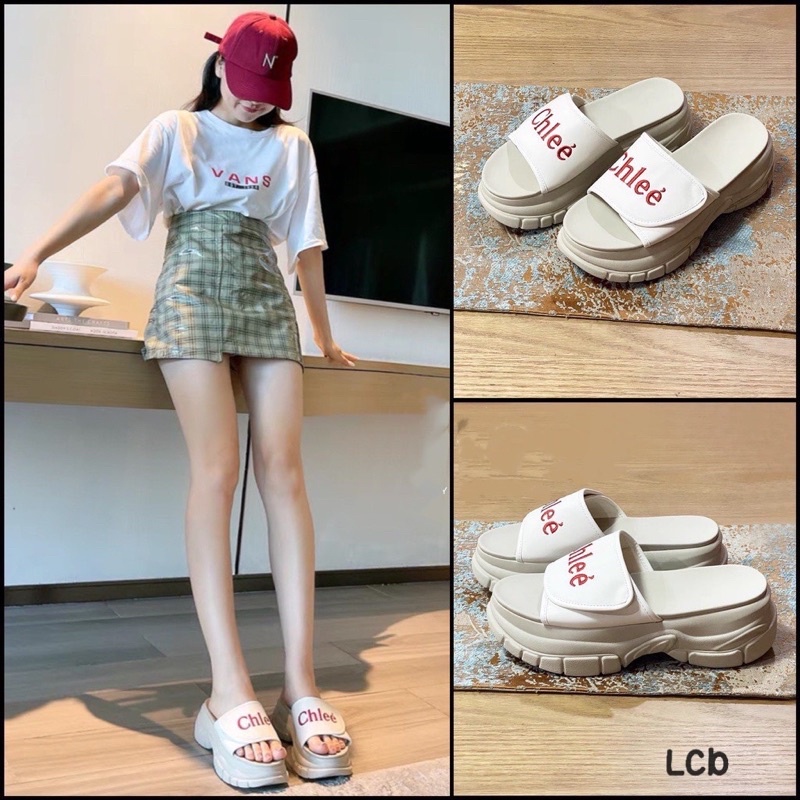 Dép đế xuồng chữ thêu CHLCC đế nhẹ cao 5cm hàng quảng châu full hộp